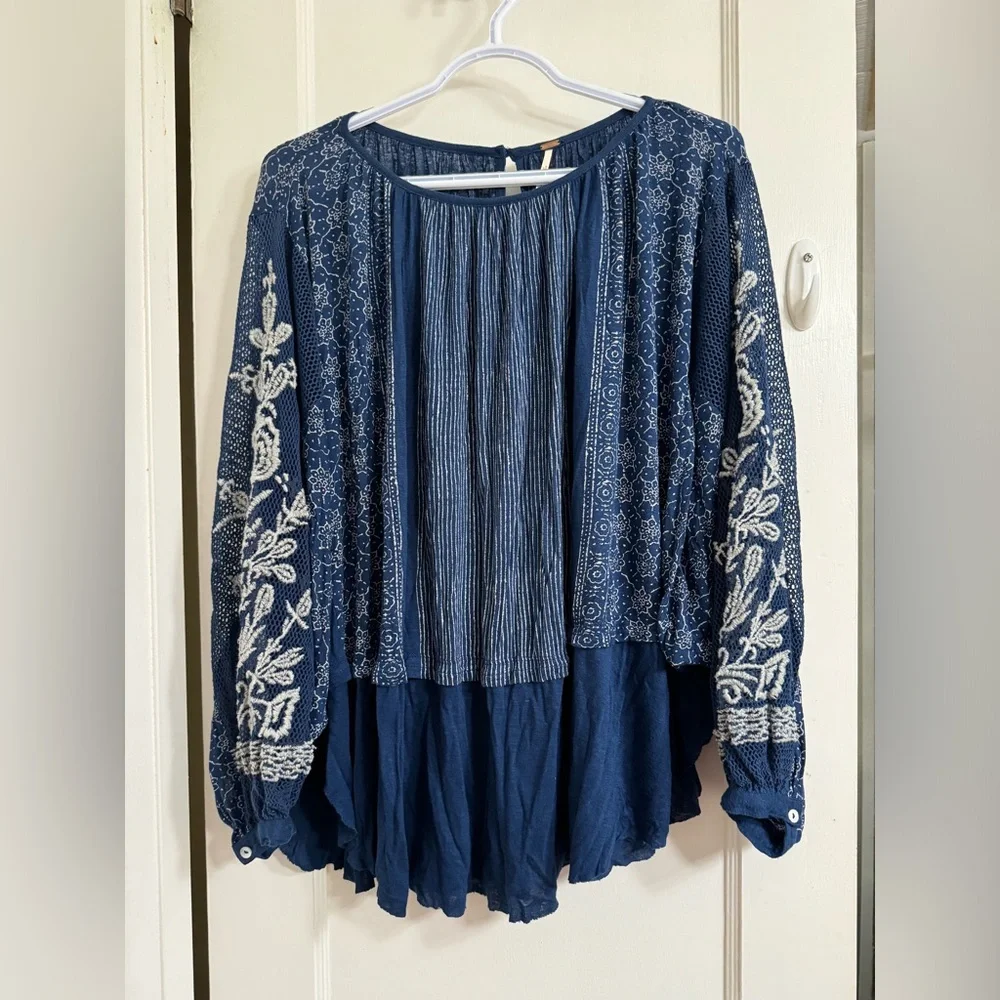 Free People Blue Indigo Dreams Embroidered Tunic Dress Top NWT - Picture 6 of 10